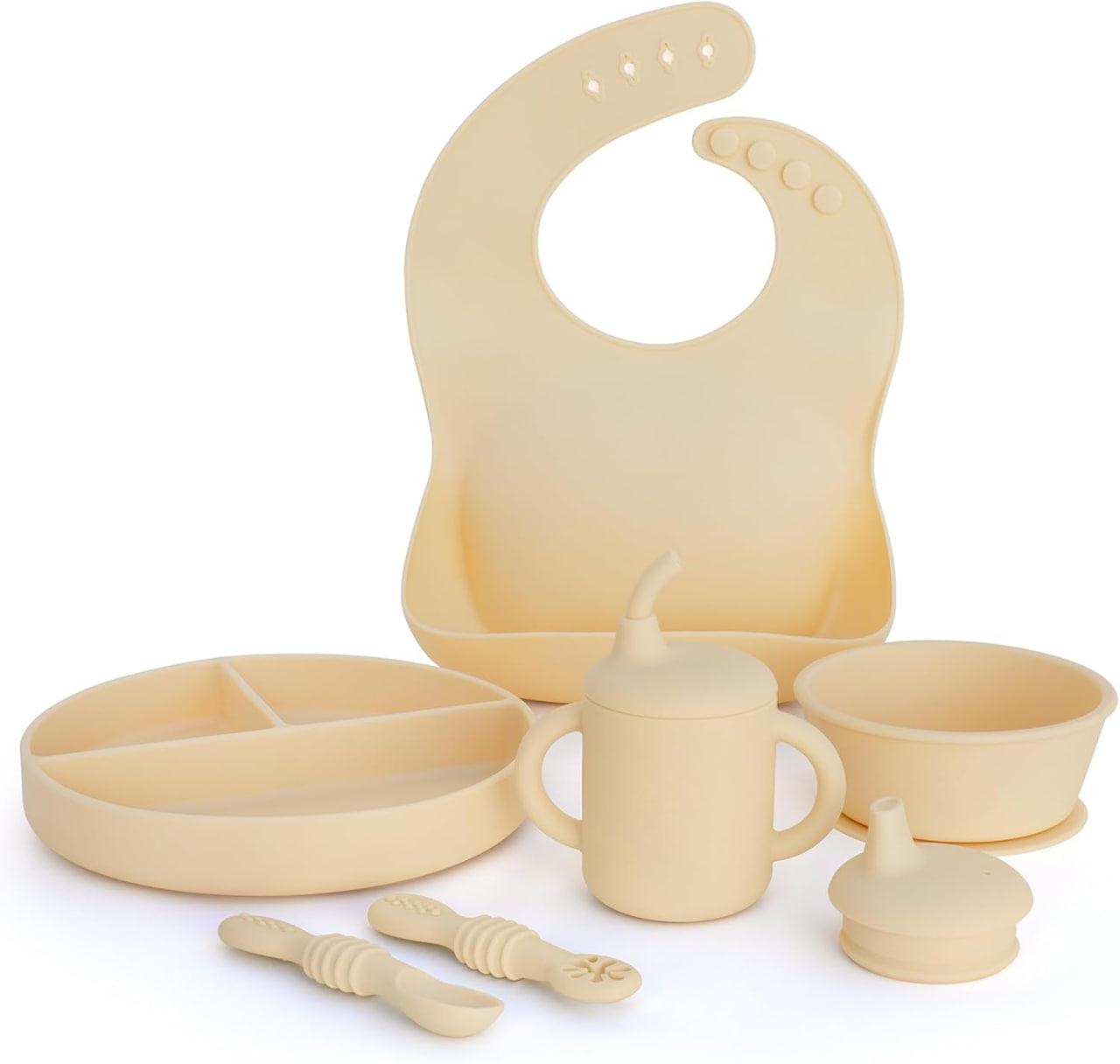 Little Loon 婴儿喂食必备品:婴儿LED 断奶用品,带婴儿盘、硅胶围嘴、婴儿勺、鸭嘴杯、幼儿盘和碗套装 - 婴儿必备品 - 迎婴派对礼品 (太阳)