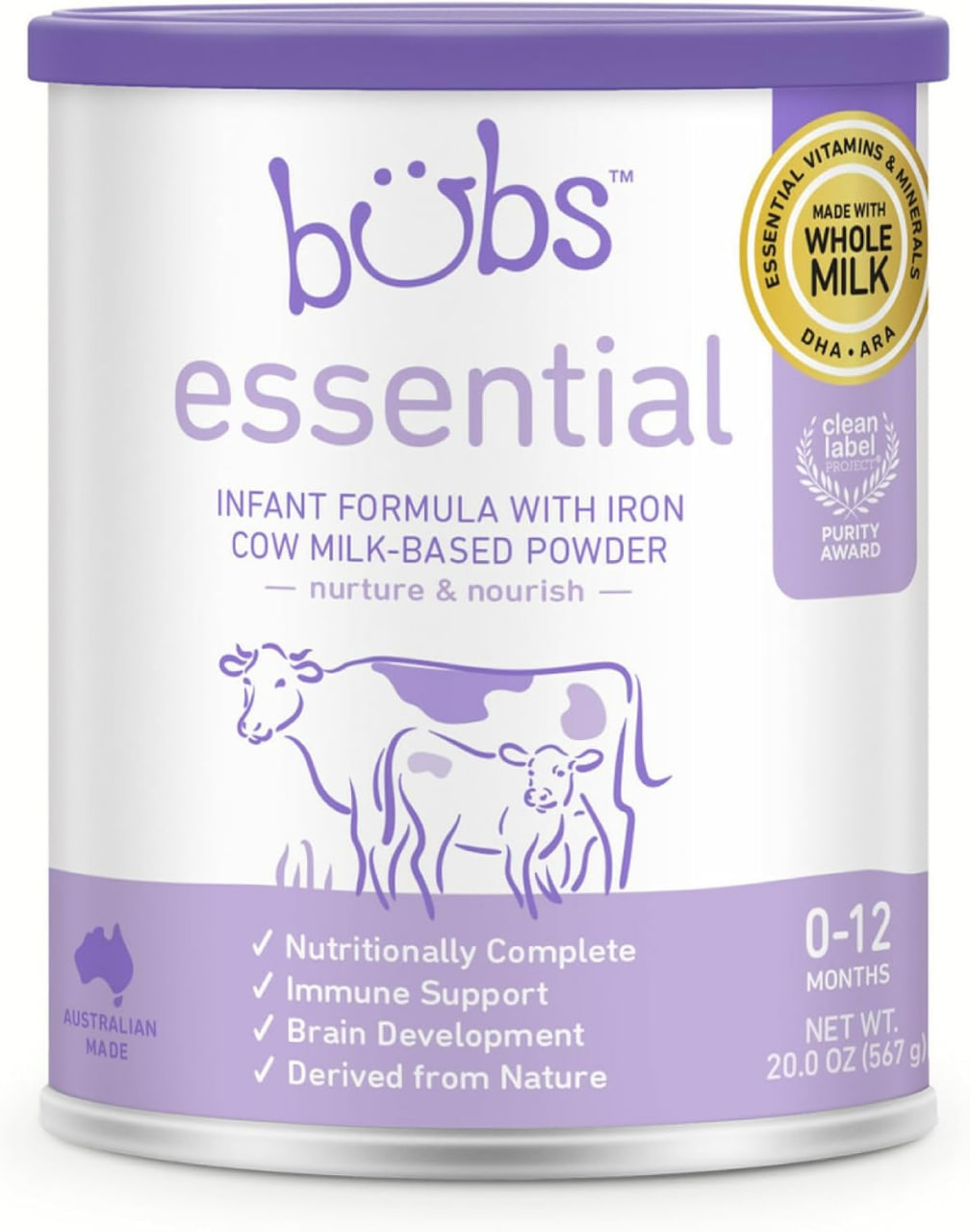 Bubs Essential 婴儿配方奶粉，含铁，牛奶基配方粉，适用于 0-12 个月婴儿，采用非转基因牛奶制成，20 盎司